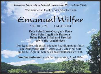 Traueranzeige von Emanuel Wilfer von Südthüringer Presse
