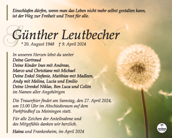 Traueranzeige von Günther Leutbecher von Südthüringer Presse