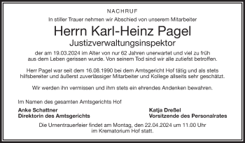 Traueranzeige von Karl-Heinz Pagel von Frankenpost