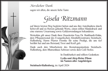 Traueranzeige von Gisela Ritzmann von Südthüringer Presse