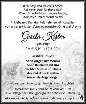 Traueranzeige von Gisela Kister von Südthüringer Presse