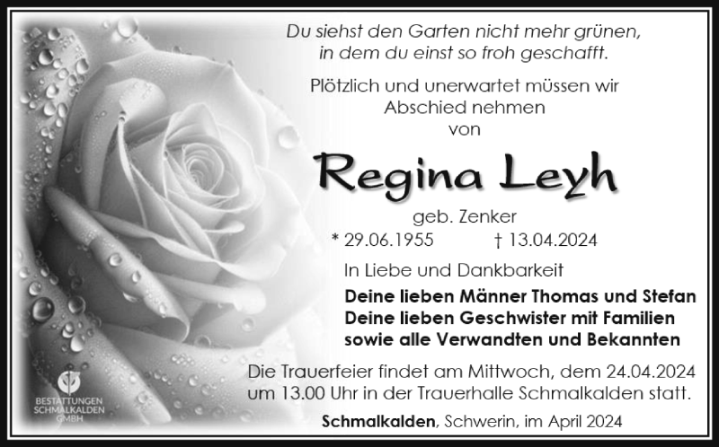  Traueranzeige für Regina Leyh vom 20.04.2024 aus Südthüringer Presse