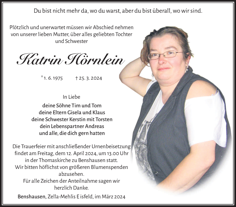  Traueranzeige für Katrin Hörnlein vom 06.04.2024 aus Südthüringer Presse