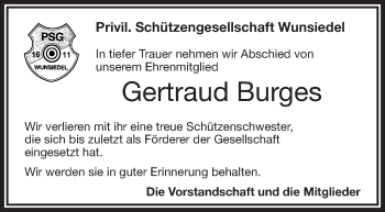 Traueranzeige von Gertraud Burges von Frankenpost