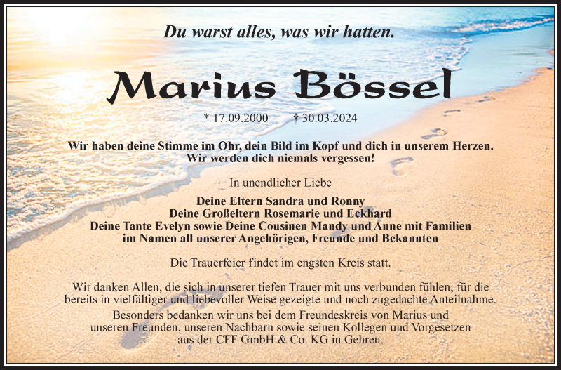  Traueranzeige für Marius Bössel vom 20.04.2024 aus Südthüringer Presse