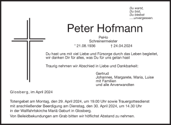 Traueranzeige von Peter Hofmann von Neue Presse Coburg