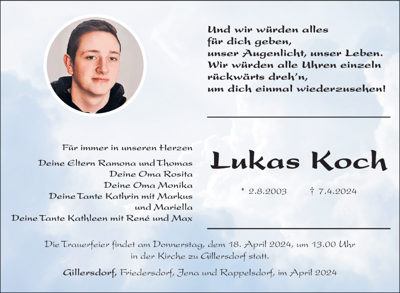  Traueranzeige für Lukas Koch vom 13.04.2024 aus Südthüringer Presse