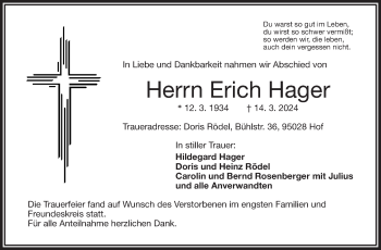 Traueranzeige von Erich Hager von Frankenpost