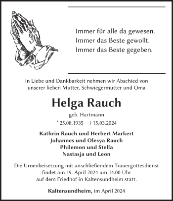 Traueranzeige von Helga Rauch von Südthüringer Presse