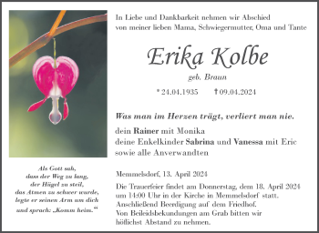 Traueranzeige von Erika Kolbe von Neue Presse Coburg