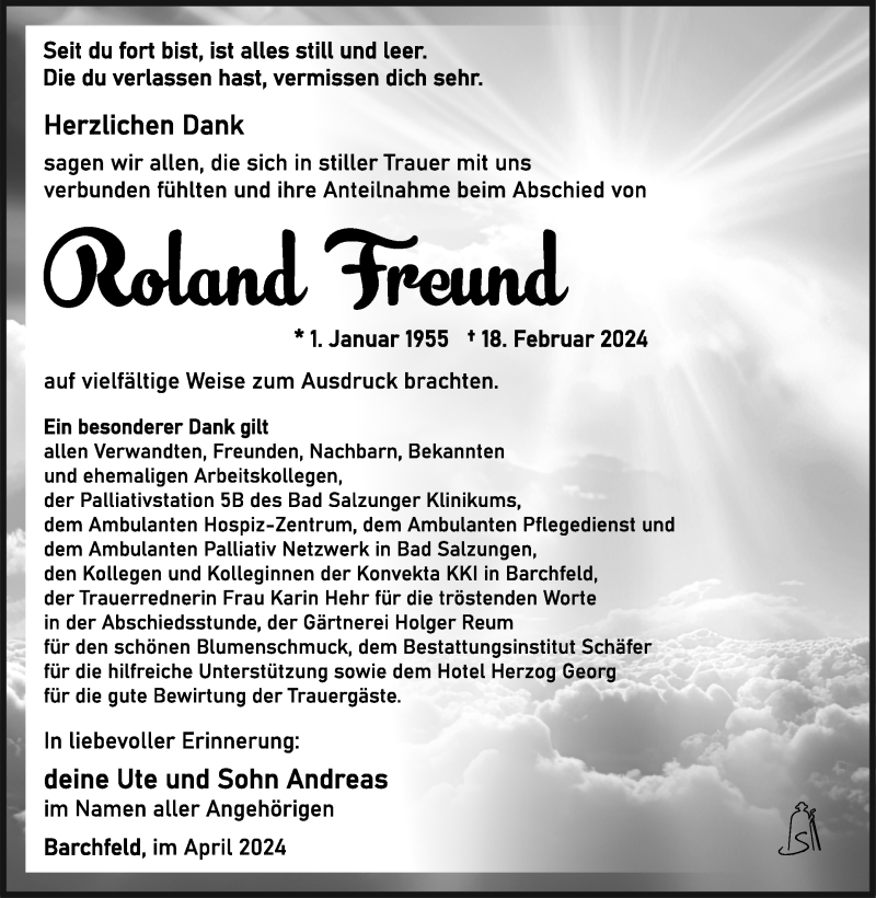  Traueranzeige für Roland Freund vom 06.04.2024 aus Südthüringer Presse