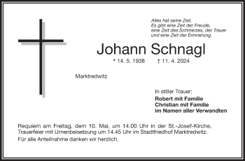 Traueranzeige von Johann Schnagl von Frankenpost