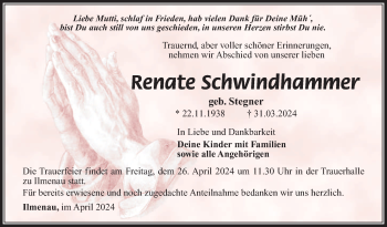 Traueranzeige von Renate Schwindhammer von Südthüringer Presse