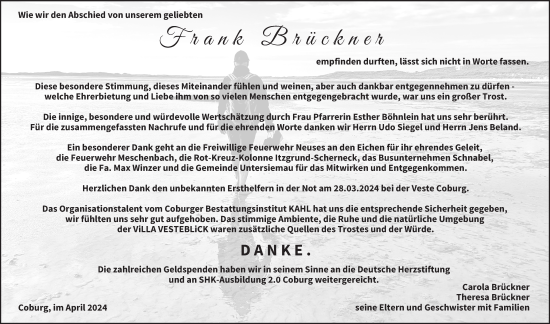 Traueranzeige von Frank Brückner von Neue Presse Coburg