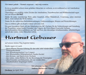 Traueranzeige von Hartmut Gebauer von Südthüringer Presse
