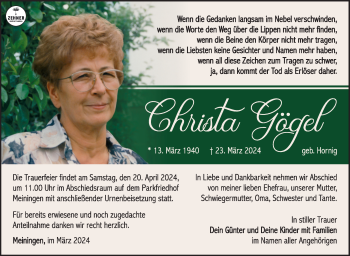 Traueranzeige von Christa Gögel von Südthüringer Presse
