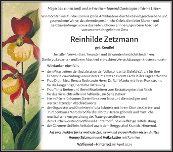 Traueranzeige von Reinhilde Zetzmann von Südthüringer Presse