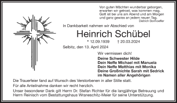 Traueranzeige von Heinrich Schübel von Frankenpost