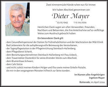 Traueranzeige von Dieter Mayer von Südthüringer Presse