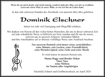 Traueranzeige von Dominik Elschner von Südthüringer Presse