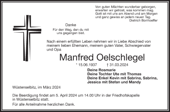 Traueranzeige von Manfred Oelschlegel von Frankenpost