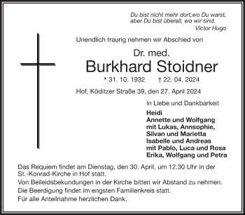 Traueranzeige von Burkhard Stoidner von Frankenpost