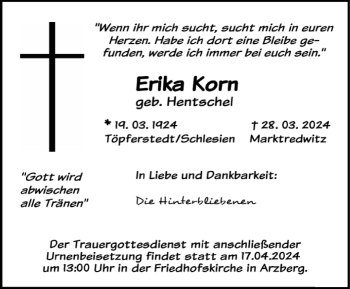 Traueranzeige von Erika Korn von Frankenpost