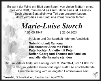 Traueranzeige von Marie-Luise Storch von Südthüringer Presse