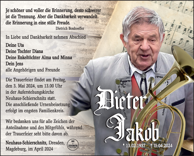  Traueranzeige für Dieter Jakob vom 27.04.2024 aus Südthüringer Presse
