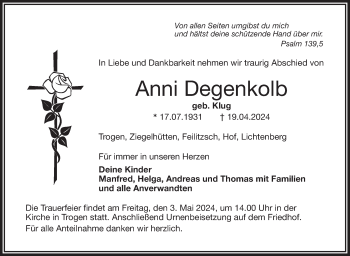 Traueranzeige von Anni Degenkolb von Frankenpost