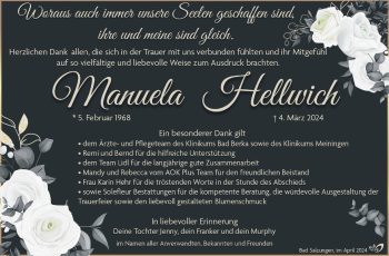 Traueranzeige von Manuela Hellwich von Südthüringer Presse