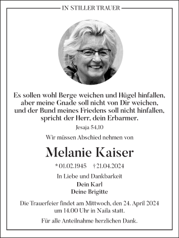 Traueranzeige von Melanie Kaiser von Frankenpost