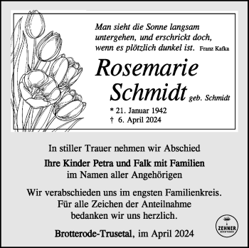 Traueranzeige von Rosemarie Schmidt von Südthüringer Presse