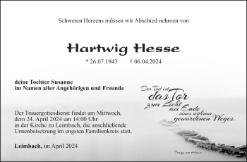 Traueranzeige von Hartwig Hesse von Südthüringer Presse