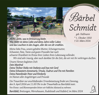 Traueranzeige von Bärbel Schmidt von Südthüringer Presse