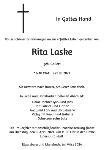 Traueranzeige von Rita Laske von Südthüringer Presse