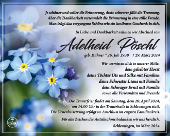 Traueranzeige von Adelheid Pöschel von Südthüringer Presse