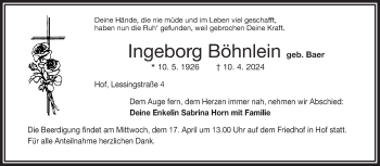 Traueranzeige von Ingeborg Böhnlein von Frankenpost