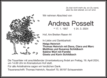 Traueranzeige von Andrea Posselt von Frankenpost