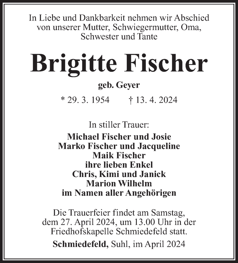  Traueranzeige für Brigitte Fischer vom 20.04.2024 aus Südthüringer Presse
