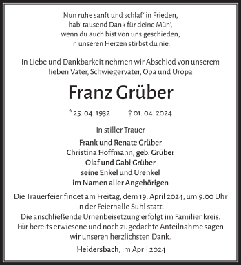 Traueranzeige von Franz Grüber von Südthüringer Presse