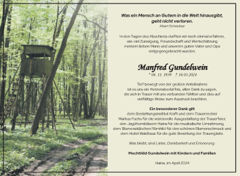 Traueranzeige von Manfred Gundelwein von Südthüringer Presse