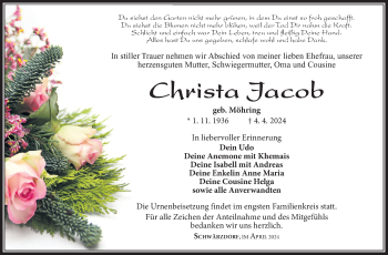 Traueranzeige von Christa Jacob von Südthüringer Presse