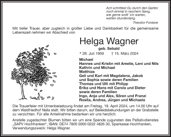 Traueranzeige von Helga Wagner von Frankenpost