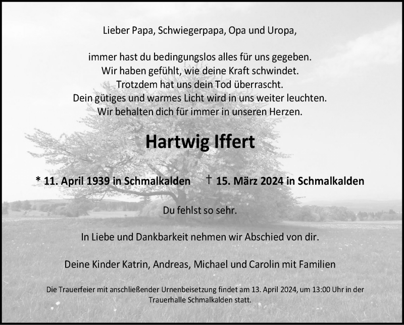  Traueranzeige für Hartwig Iffert vom 06.04.2024 aus Südthüringer Presse