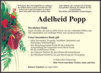 Traueranzeige von Adelheid Popp von Südthüringer Presse