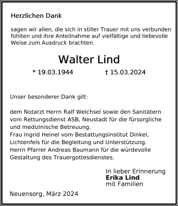 Traueranzeige von Walter Lind von Neue Presse Coburg