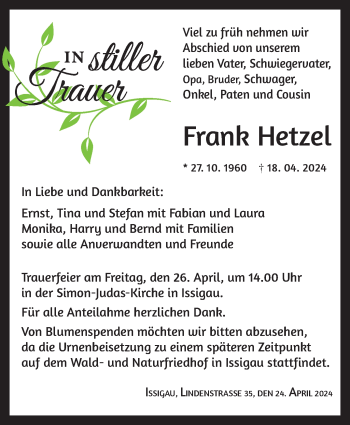 Traueranzeige von Frank Hetzel von Frankenpost