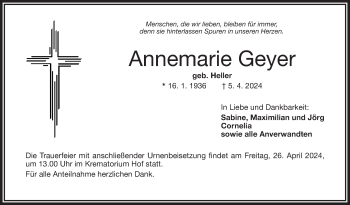 Traueranzeige von Annemarie Geyer von Frankenpost