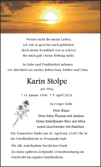 Traueranzeige von Karin Stolpe von Frankenpost